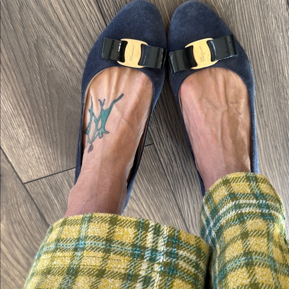 Salvatore Ferragamo Navy Suede Bow Flats with Gold Accent